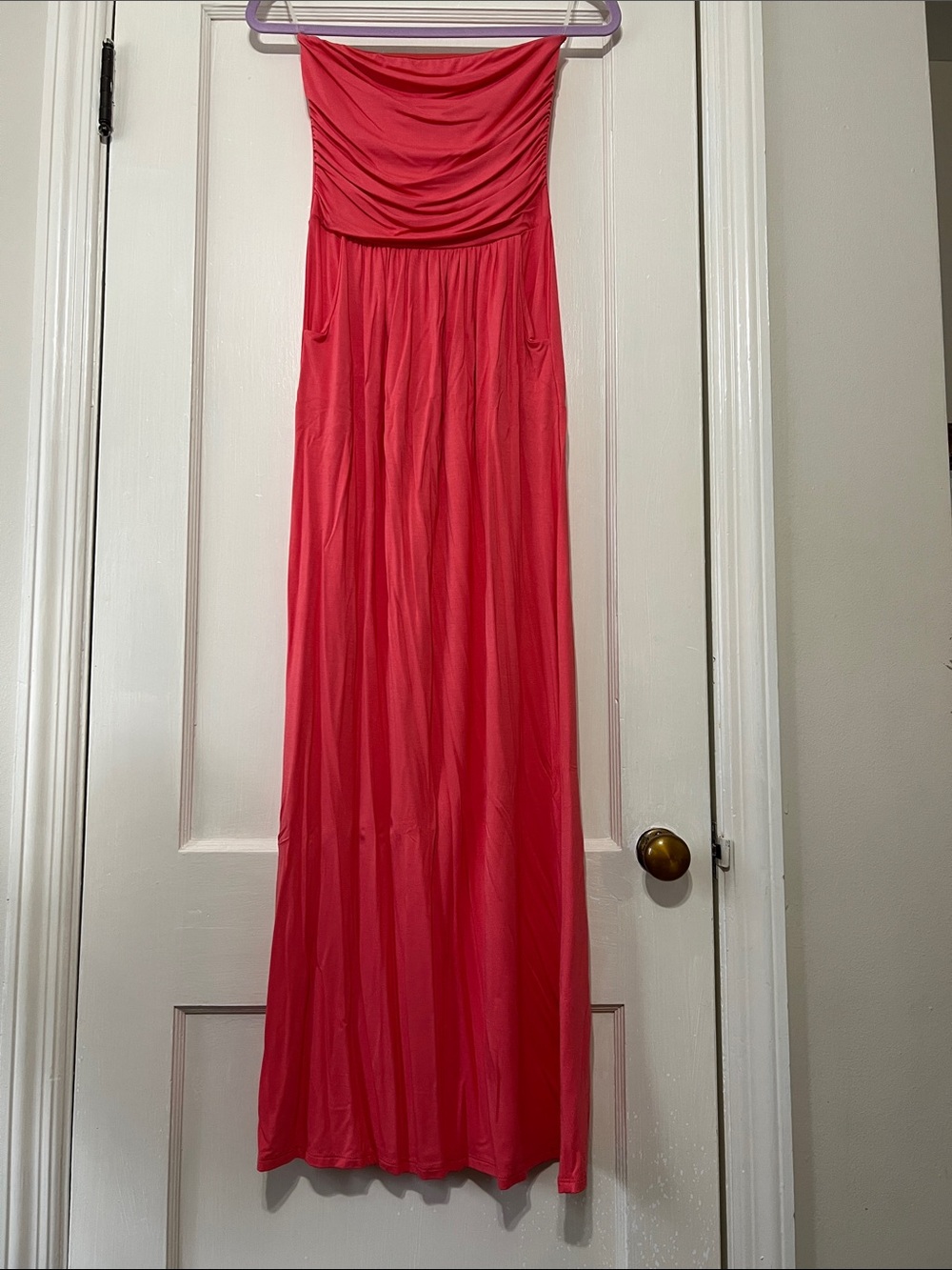 Vanilla Bay Strapless Coral Maxi Dress with pockets